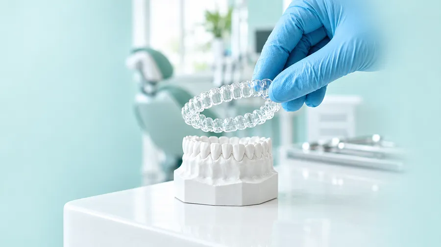A clear aligner above a dental model in an orthodontic practice, AI-generated illustration