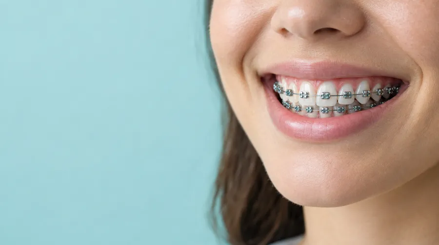 Close-up of a smile with fixed metal braces, AI-generated illustration