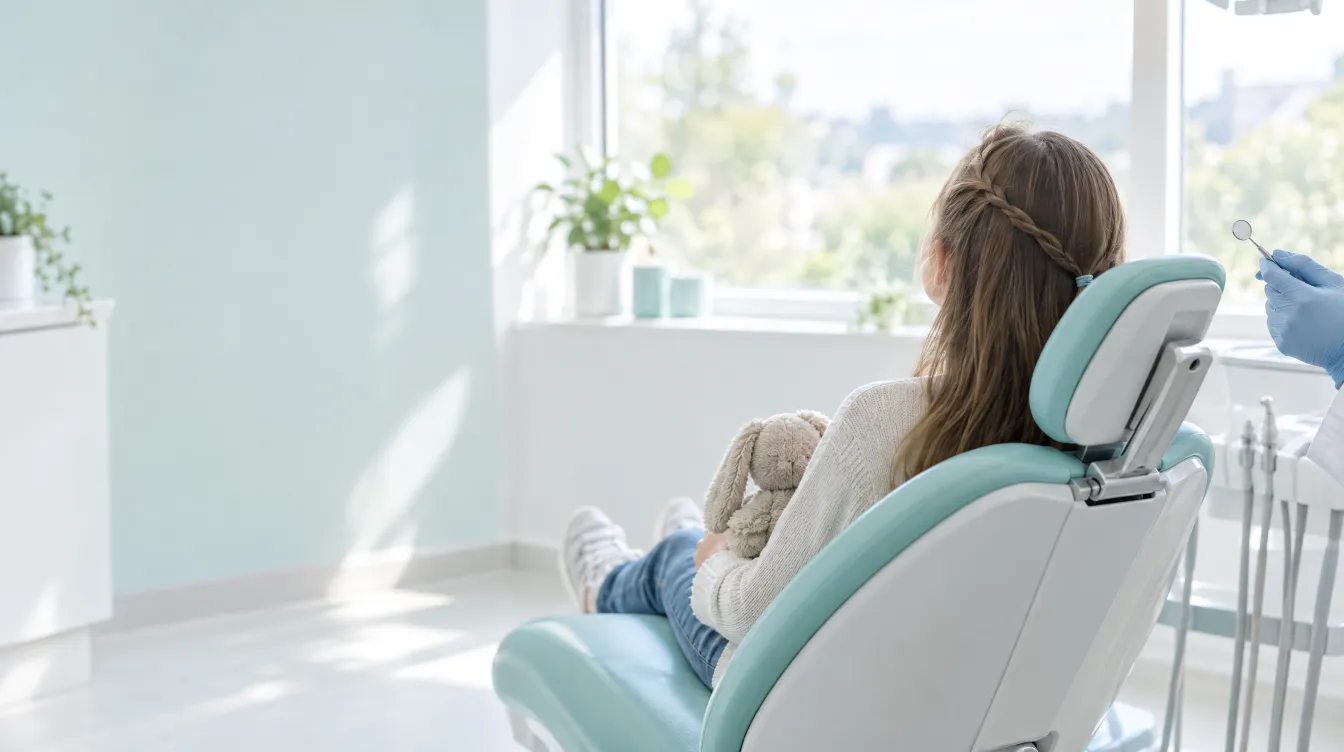 Una bambina sulla poltrona del dentista guarda fuori dalla finestra, illustrazione generata dall’IA