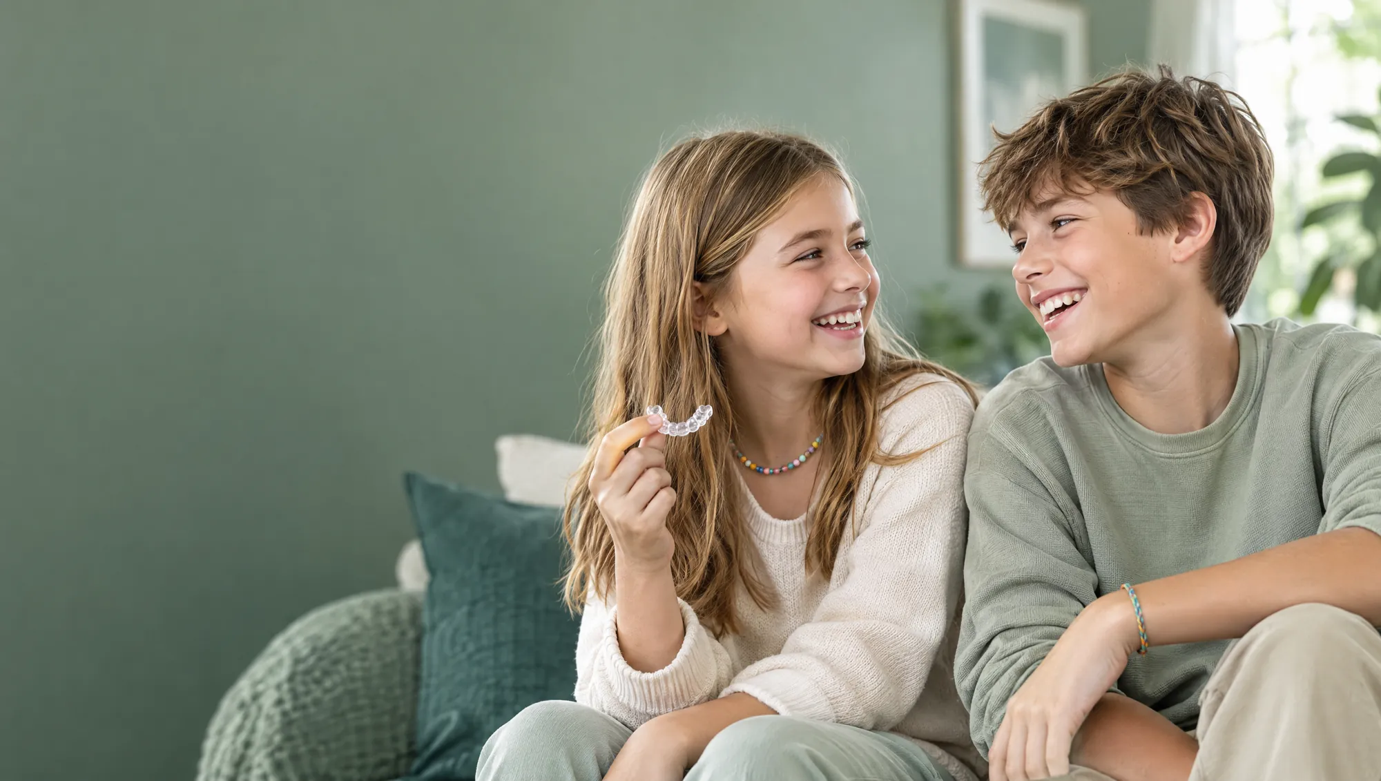 Two cheerful children, the girl holding a clear aligner, AI-generated illustration