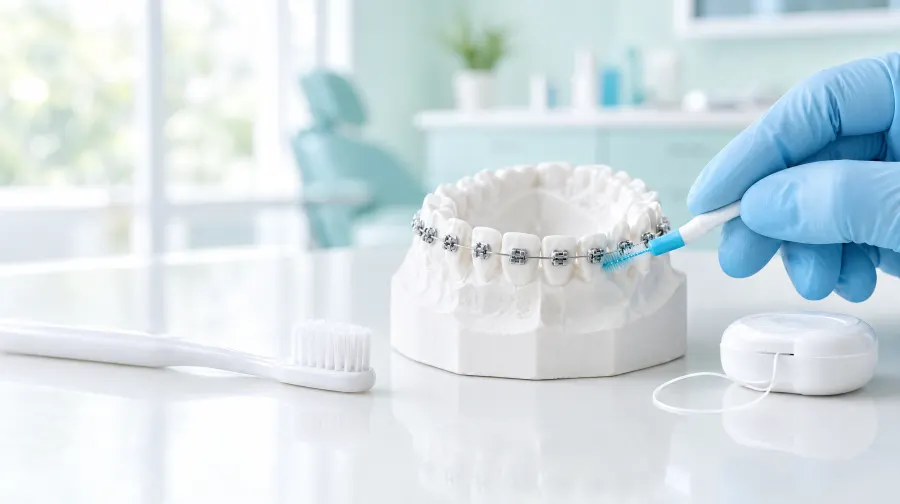 An interdental brush between the brackets of fixed braces on a dental model, AI-generated illustration