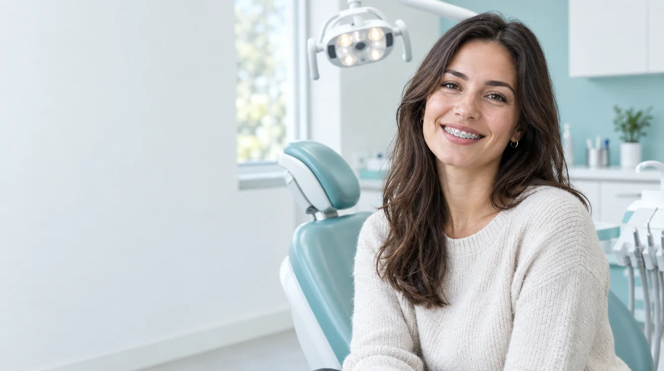 Portrait of an adult woman with braces, AI-generated illustration, not a real patient