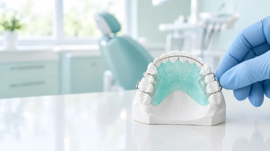 A removable appliance with wire clasps on a dental model, AI-generated illustration